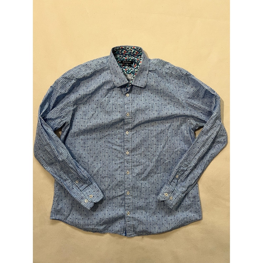 BUGATCHI Men's Shaped Fit Blue Striped Micro Dot Dress Shirt Long Sleeve Cotton